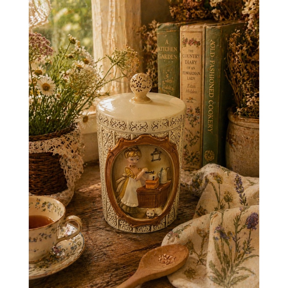 Vintage Ceramic Kitchen Canister Relief Girl Scene Cottagecore Cream sears 70s